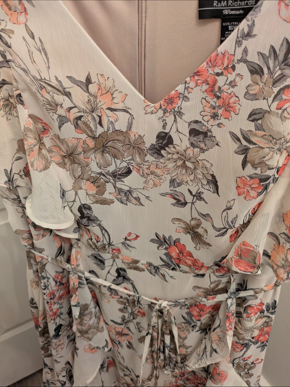 R&M Richards Floral V-Neck Maxi Dress in Cream with Coral & Taupe Flowers